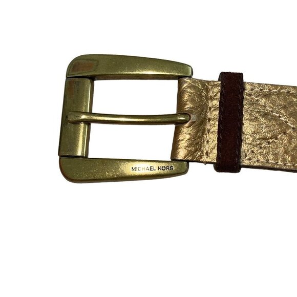 Michael Kors Belt Size Medium Brown Suede Gold Leather Trim Wide Brass Buckle - Picture 8 of 12